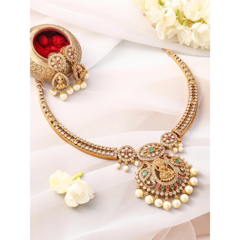 Rubans 22K Gold-Plated Emerald Green, Ruby Pink & White Cubic Zirconia Temple Necklace Set