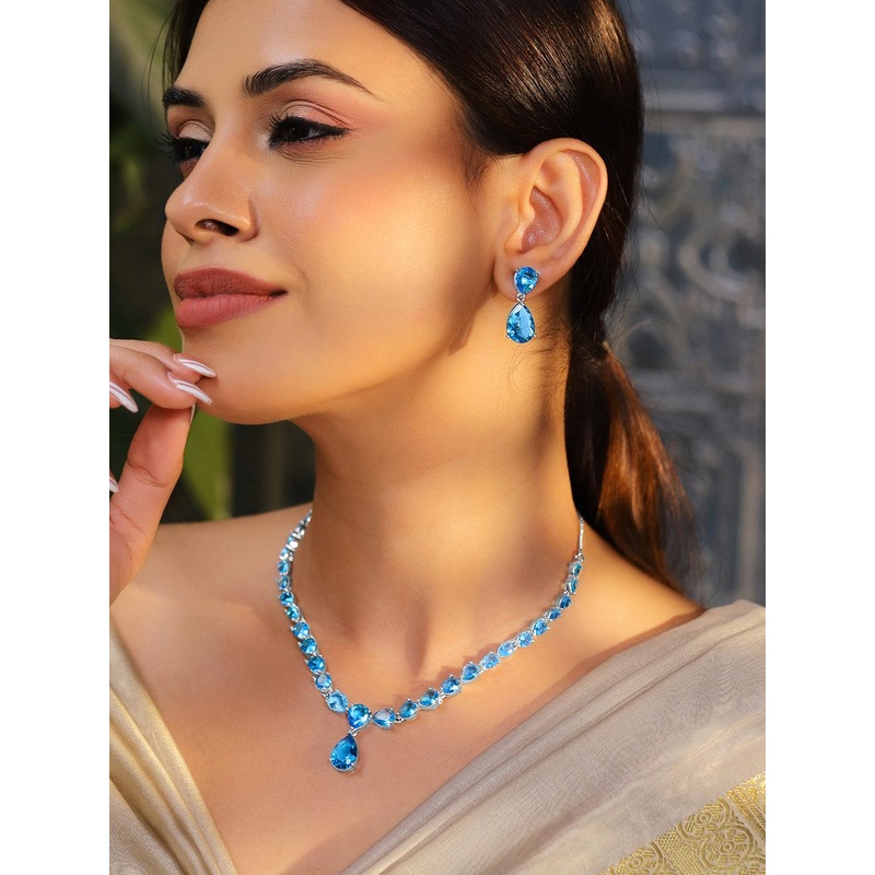 Rubans Rhodium-Plated Blue Topaz Cubic Zirconia Studded Necklace Set