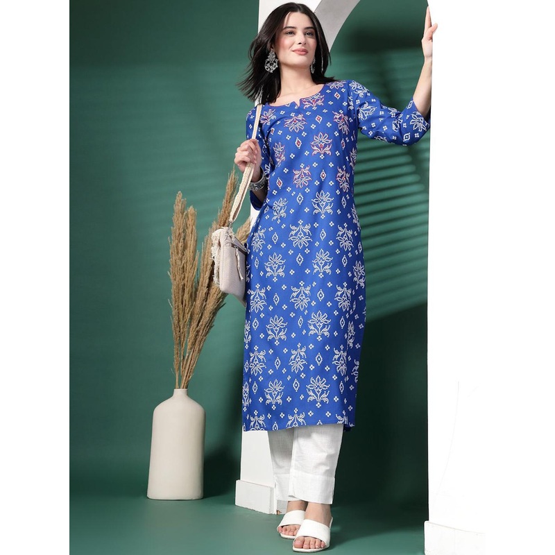 Sangria Bandhani Printed Notch Neck Mirror Work Pure Cotton Straight Kurta