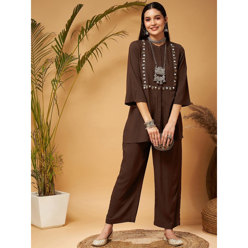Shae by SASSAFRAS Embroidered Mandarin Collar A-Line Kurti With Palazzo