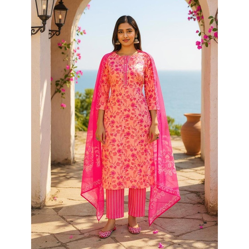 SZN Floral Printed Notch-Neck Straight Kurta With Trousers And Dupatta