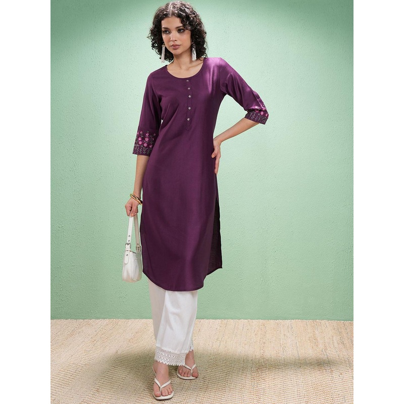 Vishudh Floral Embroidered Round Neck Thread Work Straight Kurta