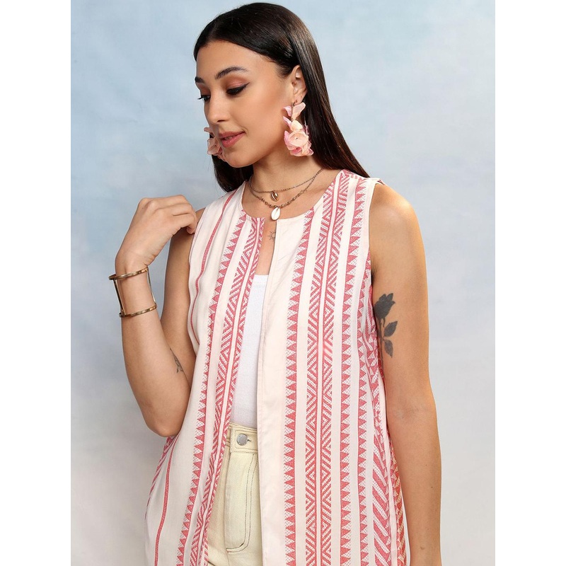 Vishudh White & Red Geometric Printed Longline Ethnic Shrug