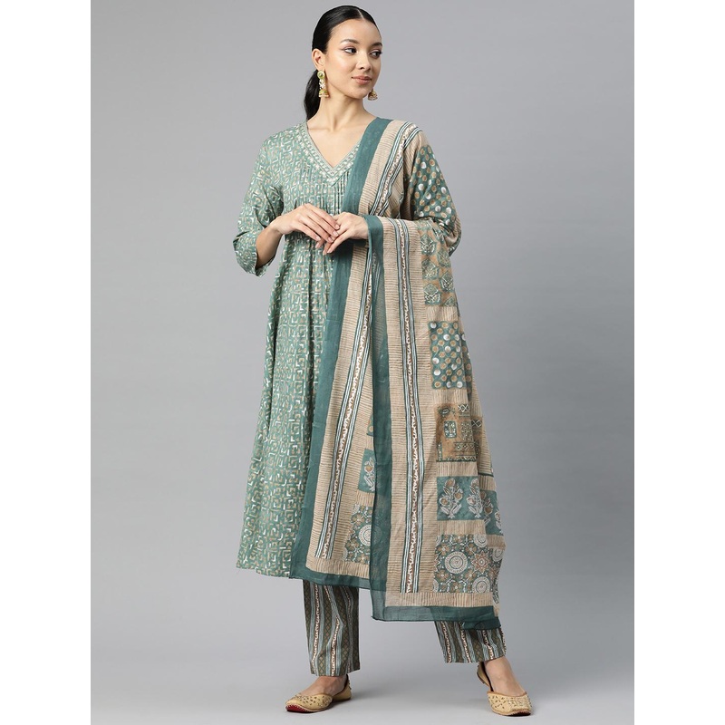 Yuris Women Ethnic Motifs Printed Regular Thread Work Pure Cotton Kurta with Trousers & With Dupatta