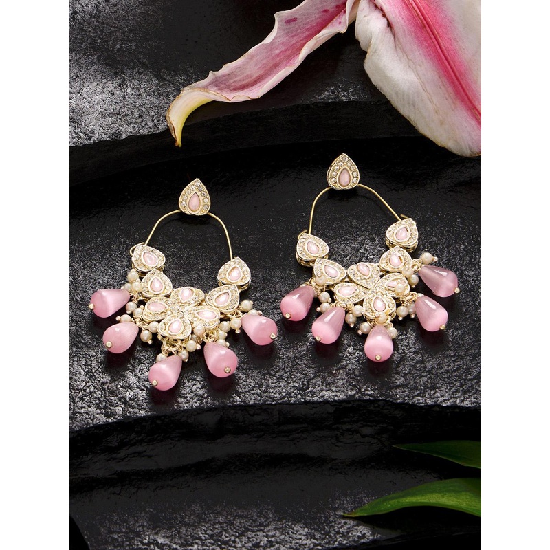 Zaveri Pearls Gold-Plated Austrian Diamond Stone Studded & Beaded Drop Earrings