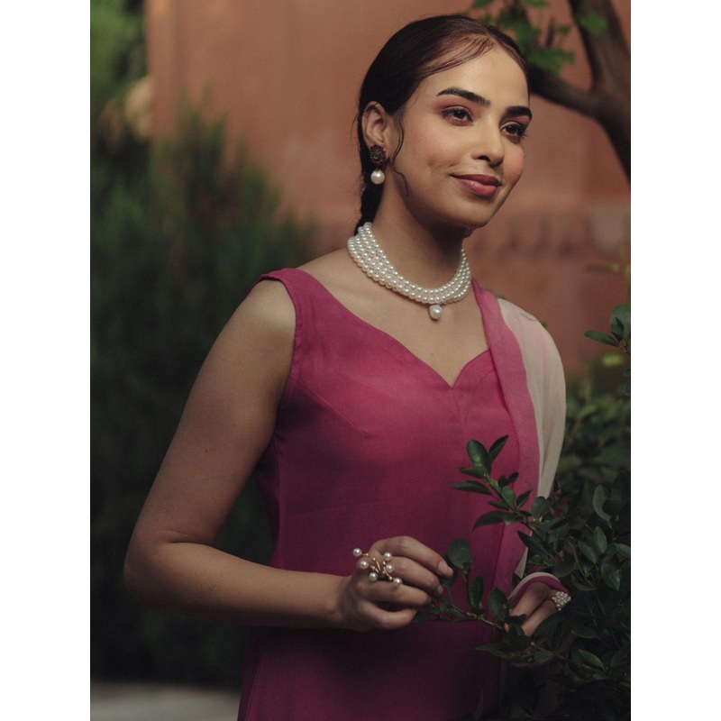 anayna V-Neck Regular Silk Straight Kurta with Trousers & Dupatta