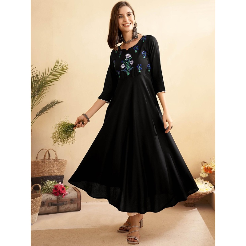 Anouk Floral Embroidered Thread Work Cotton Anarkali Kurta