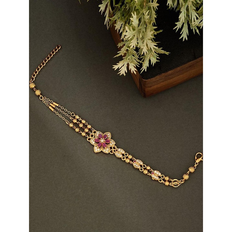 Anouk Gold-Plated Cubic Zirconia Studded Floral-Layered Link Bracelet