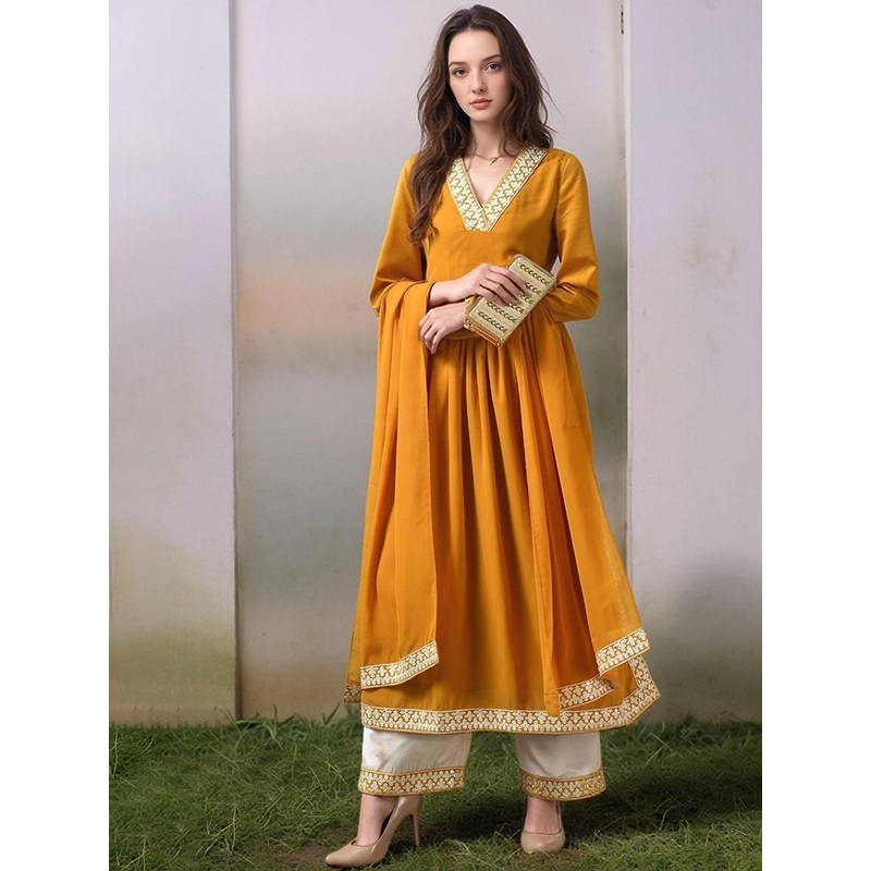 HERE&NOW Ethnic Motifs Embroidered Mirror Work A-Line Kurta With Trousers & Dupatta