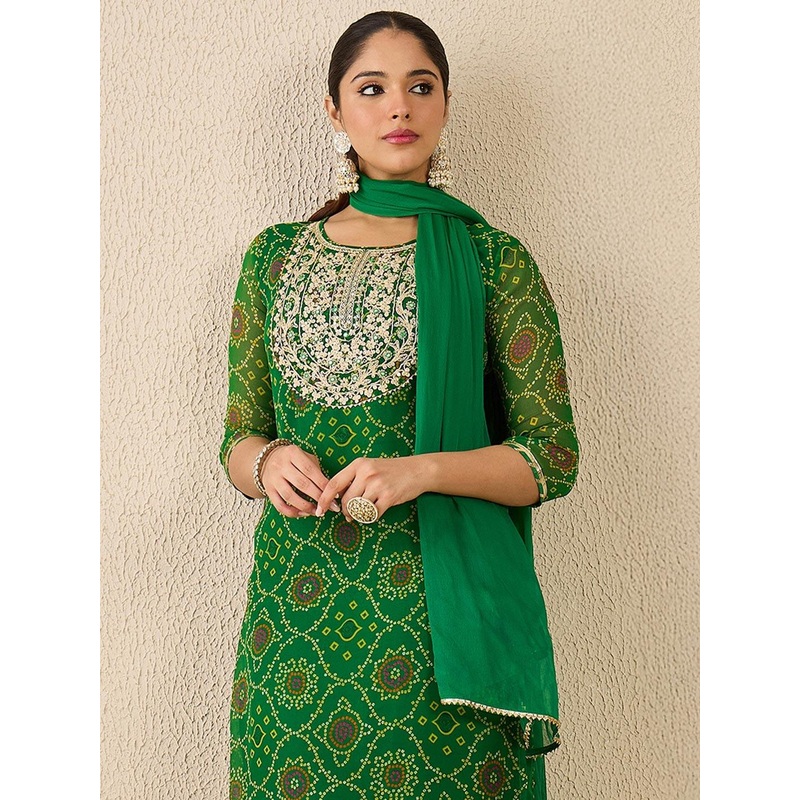 Indo Era Bandhani Printed Thread Work Georgette Straight Kurta With Trousers & Dupatta