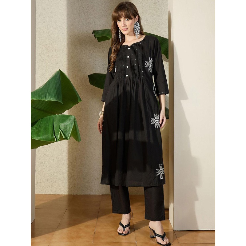 Indo Era Embroidered V-Neck Pure Cotton Tunic With Trouser