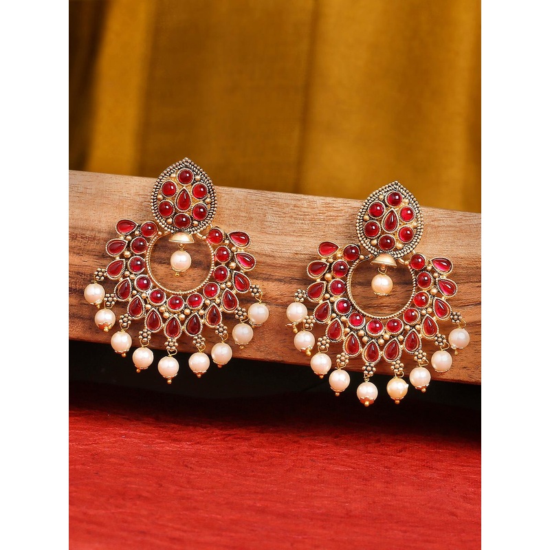 OOMPH Red & Gold-Toned Floral Chandbalis Earrings