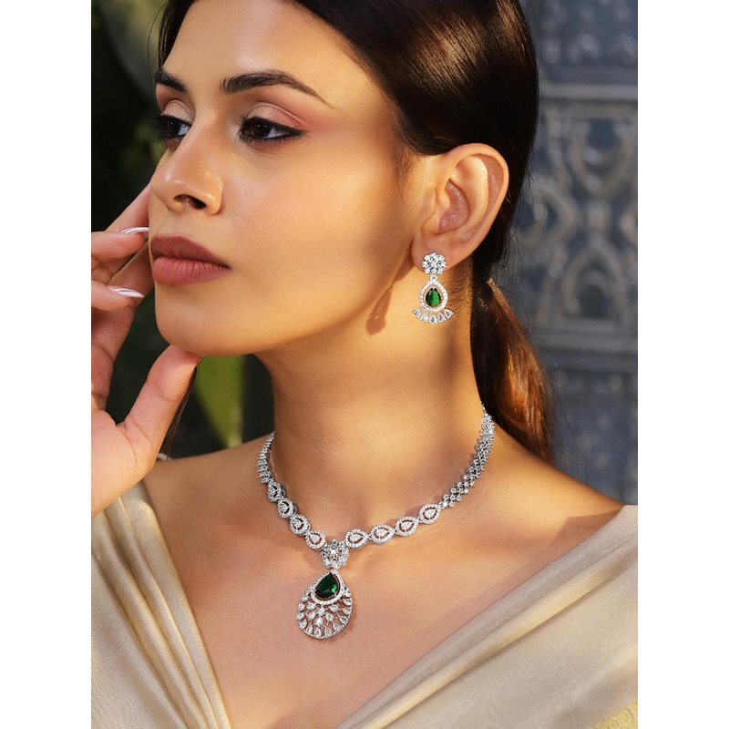 Rubans Rhodium-Plated Emerald Green Cubic Zirconia Studded Statement Necklace Set