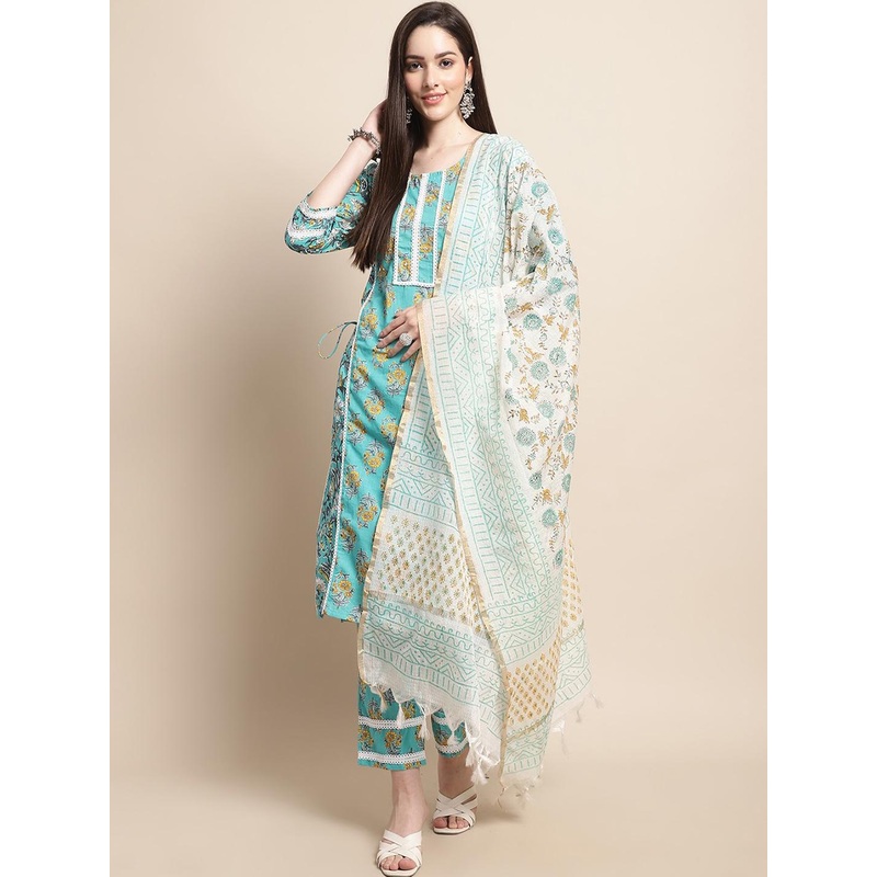 Sangria Blue & Gold Ethnic Motifs Printed Pure Cotton Kurta With Trouser & Dupatta