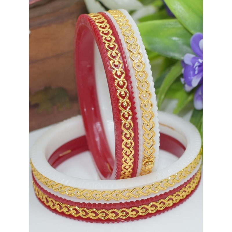 SATTIK Women Pack of 4 Plastic Red & White Gold-plated Shakha Pola