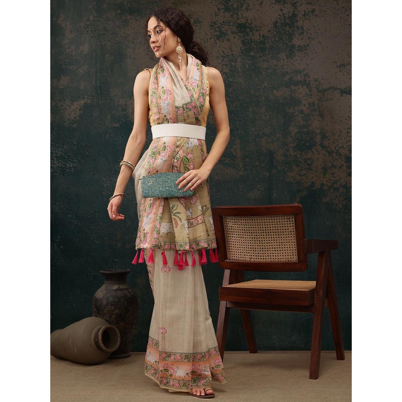 Silk Land Ethnic Motifs Printed Chanderi Saree