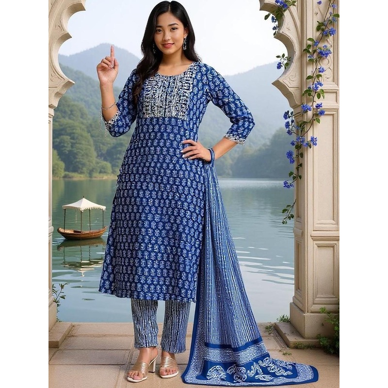 SZN Ethnic Motifs Printed Pleated A-Line Kurta With Palazzos And Dupatta