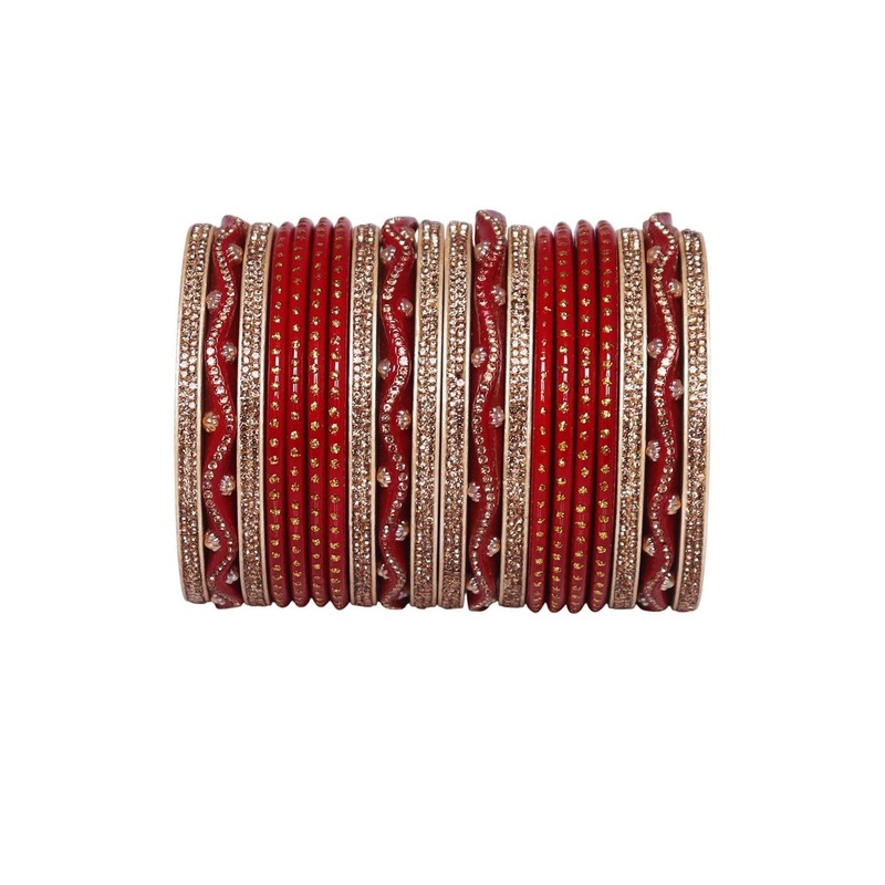 TAJ BRIDAL STORE Set Of 20 Rhinestones Studded Zig-Zag Lac Bangles