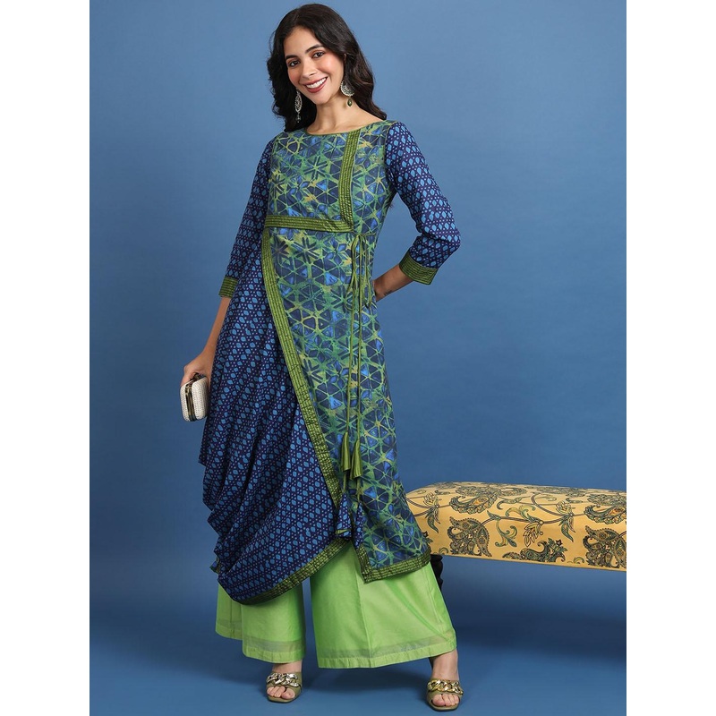 Vishudh Green & Navy Blue Geometric Printed A-Line Kurta
