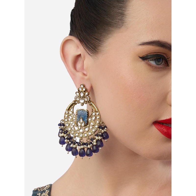Zaveri Pearls Gold-Plated Kundan Stone Studded & Beaded Contemporary Chandbalis