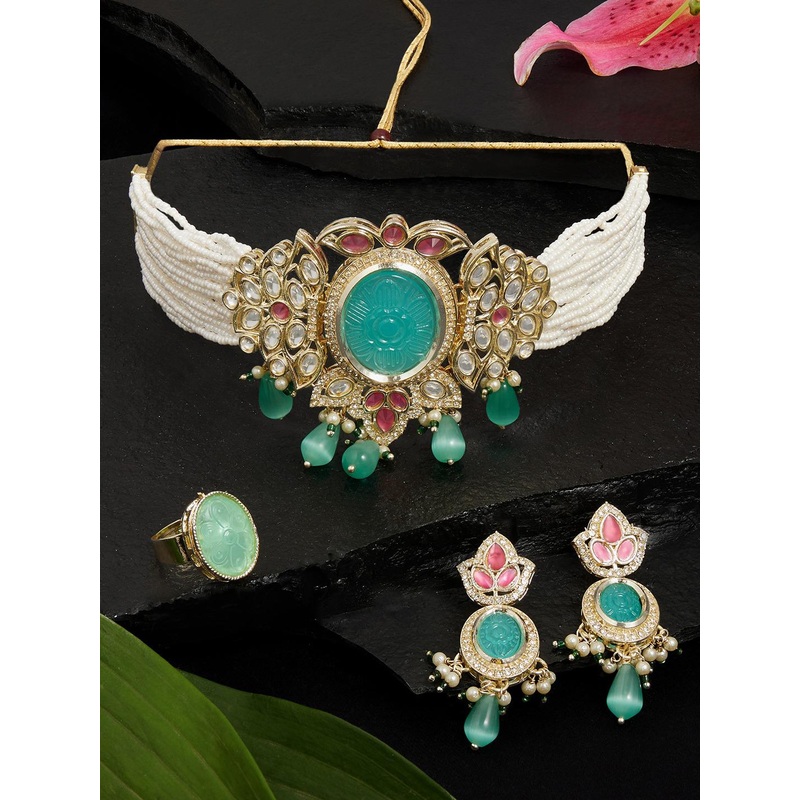 Zaveri Pearls Gold-Plated Stone-Studded & Beaded Choker Jewellery Set