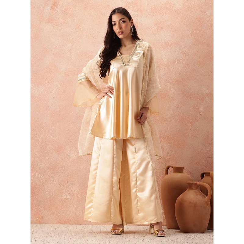 all about you Satin Finish Empire Kurta Sets With Dupatta