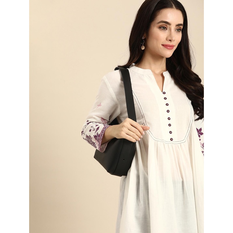 Anouk Floral Printed Pure Cotton Pleated Detail Longline A-Line Top