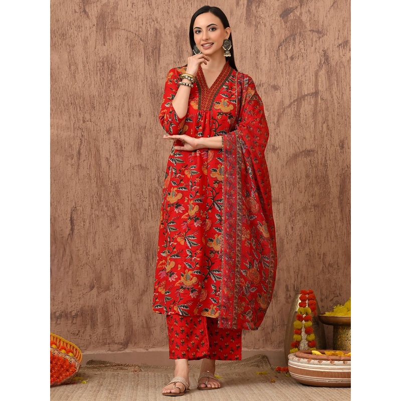 Anouk Rustic Floral Printed Pleated V-Neck A-Line Kurta With Trousers & Dupatta