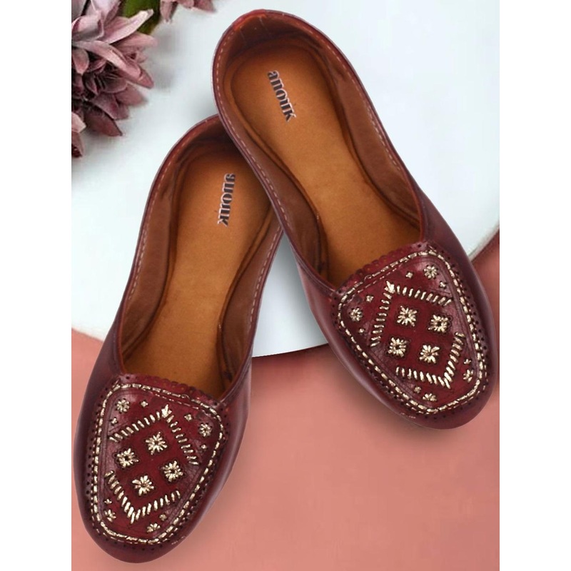 Anouk Women Brown Slip-On Ethnic Round Toe Synthetic Leather Embellished Mojaris