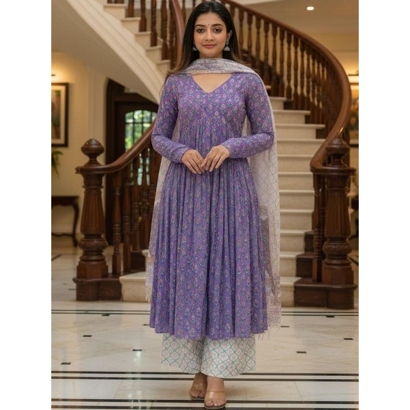 DIVASTRI Floral Printed V-Neck Long Sleeves Anarkali Kurta With Trousers & Dupatta