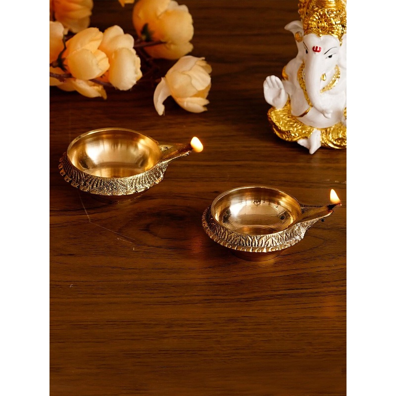 eCraftIndia Set of 2 Gold-Toned Auspicious Handcrafted Brass Diya
