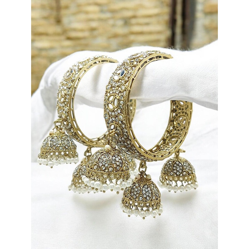 FEMMIBELLA Set Of 2 Gold-Plated CZ Studded & Beaded Bangles