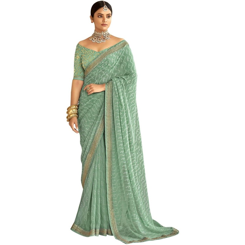 HERE&NOW Bandhani Printed Embroidered Saree With Blouse PIece