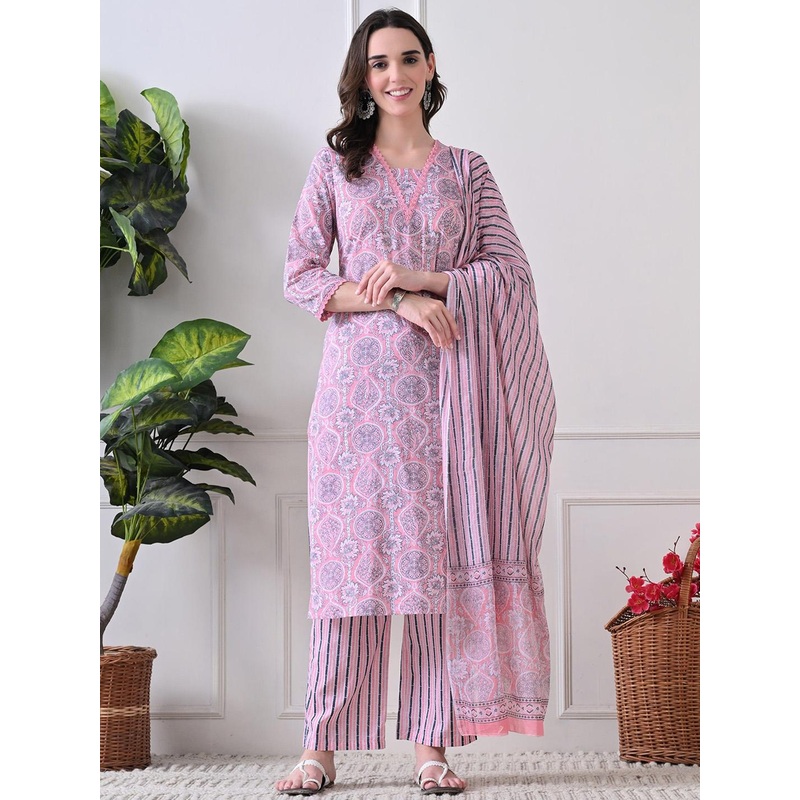 HERE&NOW Floral Printed Pure Cotton Kurta With Trousers & Dupatta