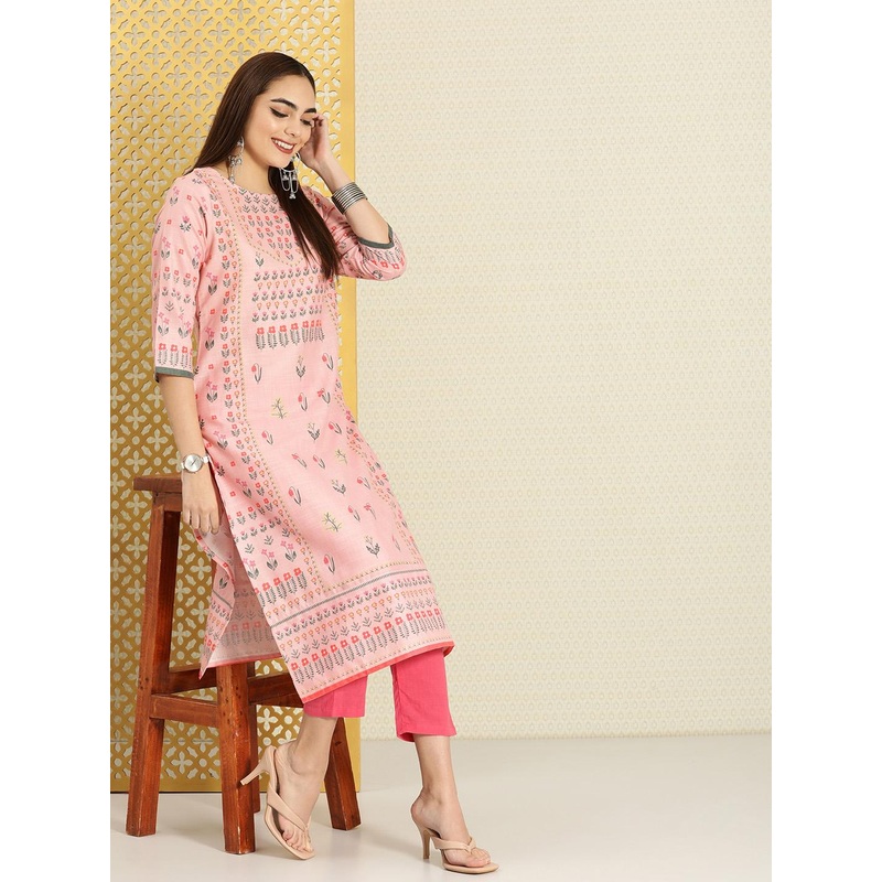 House of Pataudi Women Pink & Green Floral Printed Rozana Kurta