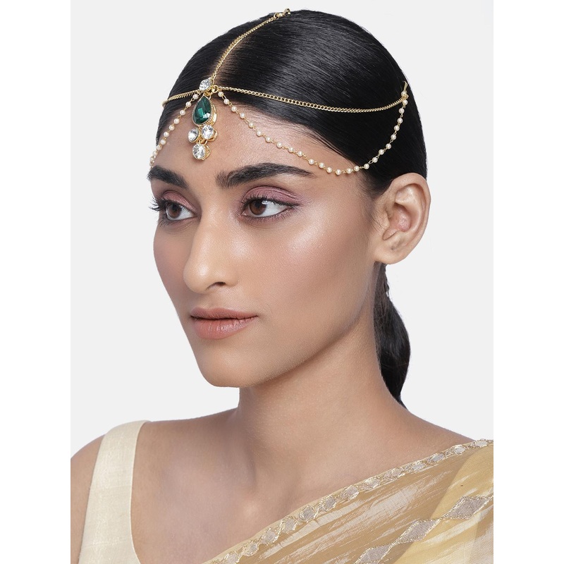 I Jewels Women Green Gold-Plated Traditional Pearl Layer with Stone Studded Mathapatti