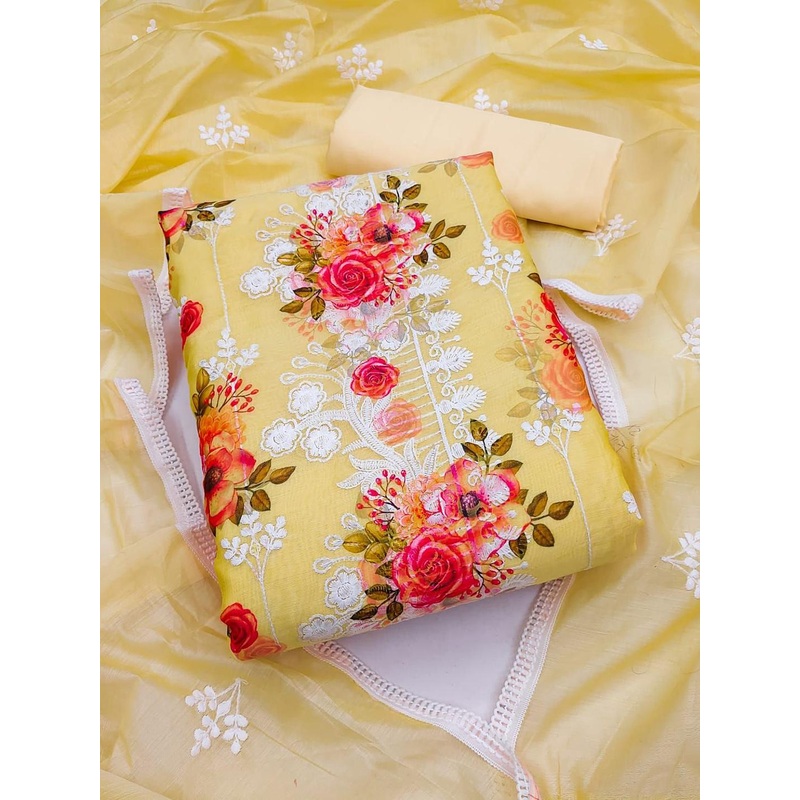 ICCHIT FAL Floral Embroidered Thread Work Chanderi Silk Unstitched Dress Material