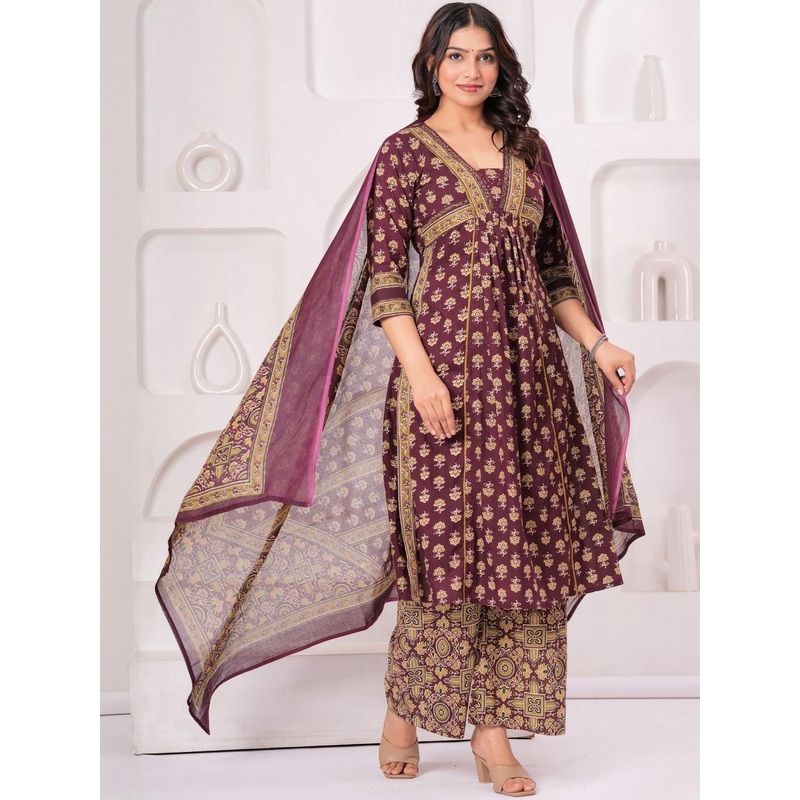KALINI  Ethnic Motifs Printed V-Neck Pure Cotton A-Line Kurta With Palazzos & Dupatta