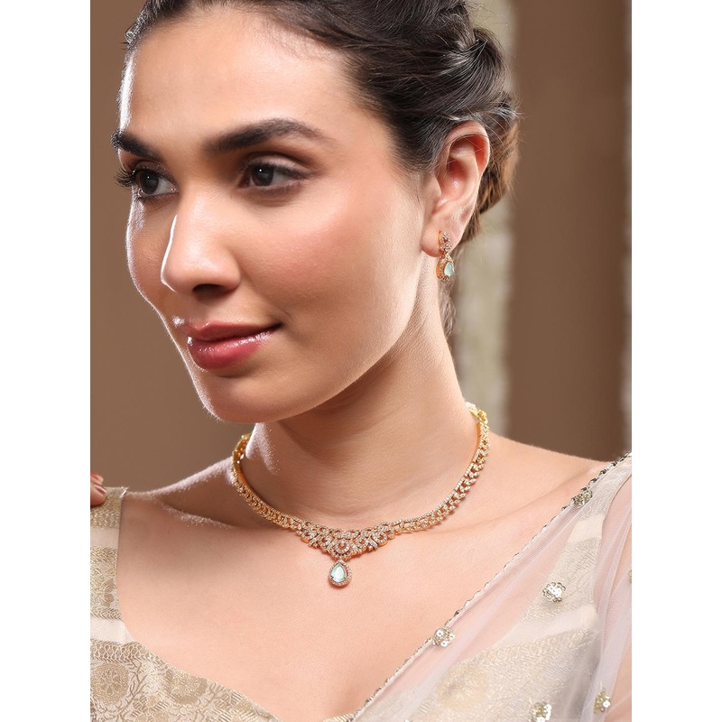 Rubans 22K Gold-Plated Aqua Green Stone & Cubic Zirconia Studded Traditional Necklace Set