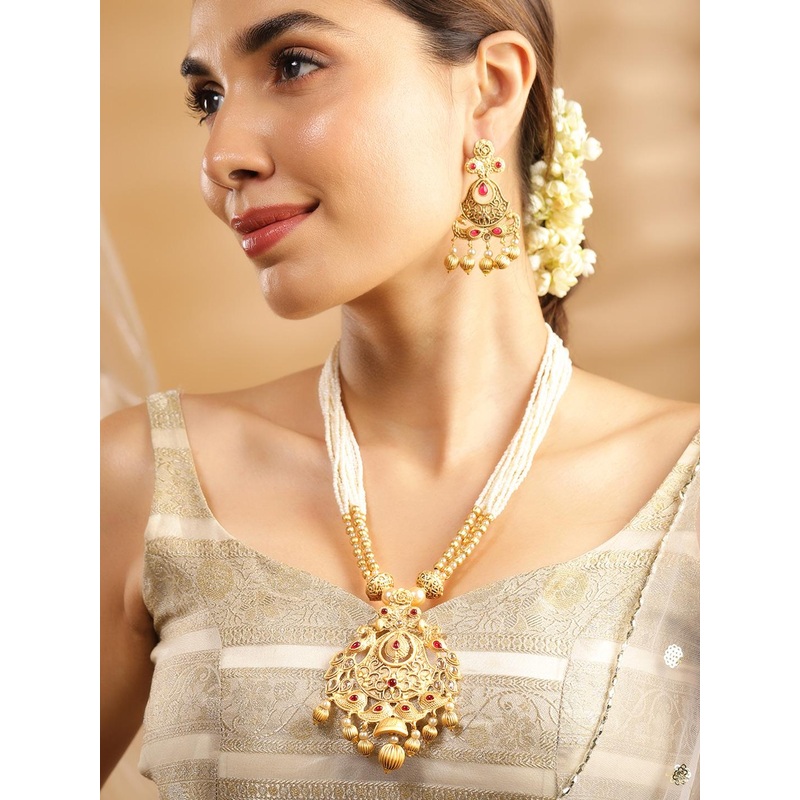 Rubans 24K Gold Plated Ruby Studded Golden & Pearl Beaded MultiStrand Temple Jewellery Set