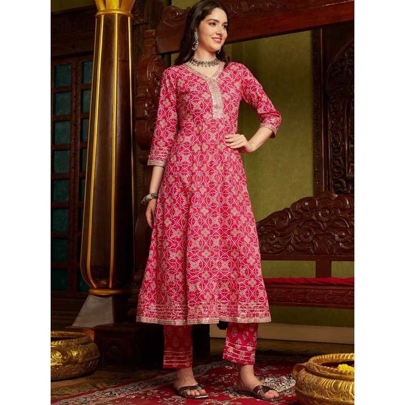 Sangria Bandhani Printed Panelled Sequinned Pure Cotton Kurta with Trousers & Dupatta