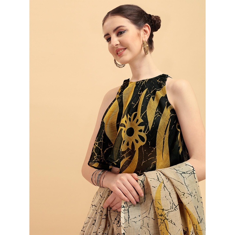 Sangria Beige & Yellow Tie and Dye Pure Linen Saree