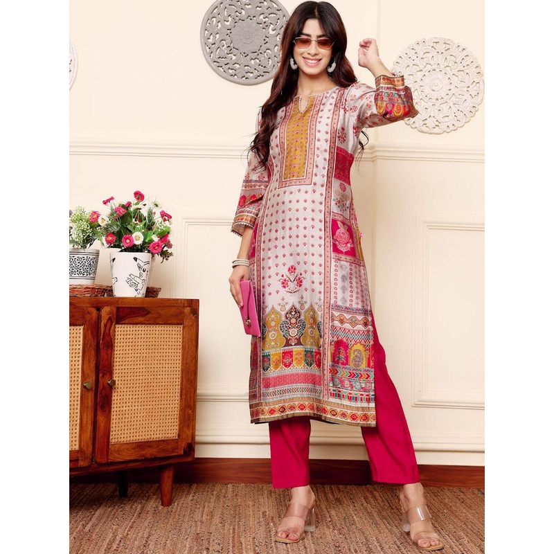 Varanga Ethnic Motifs Printed Gotta Patti Notch Neck Chanderi Silk Kurta With Trousers