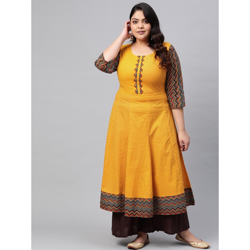 YASH GALLERY Plus Size Women Mustard Yellow & Orange Printed Anarkali Kurta