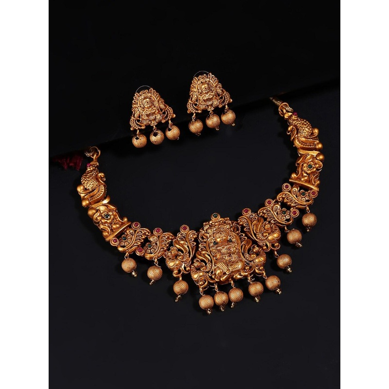 Yellow Chimes Gold-Plated Red & Green Stone-Studded Beaded Temple Jewellery Set