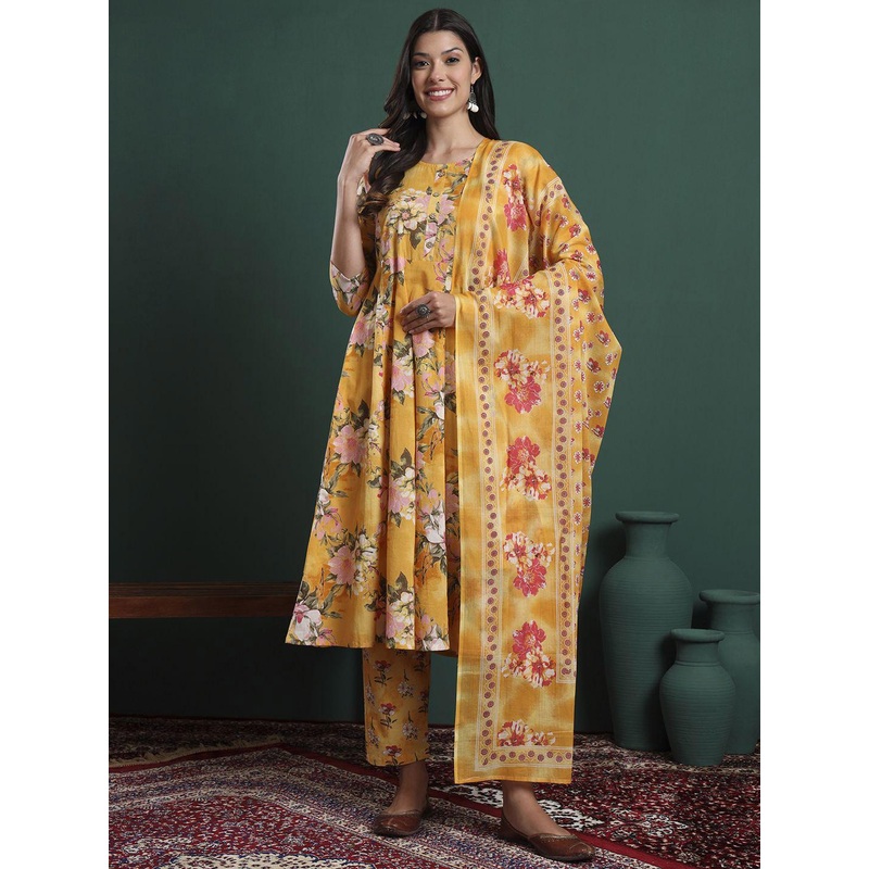 Yufta Floral Printed Pure Cotton Round Neck Maternity Kurta With Trousers & Dupatta