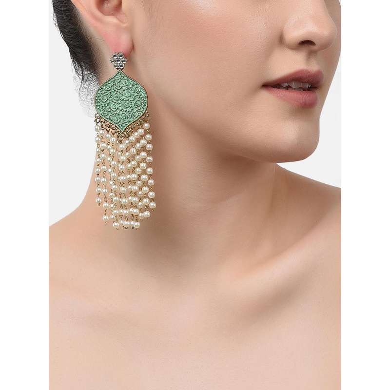 Zaveri Pearls Green & Off-White Gold-Plated Contemporary Drop Earrings