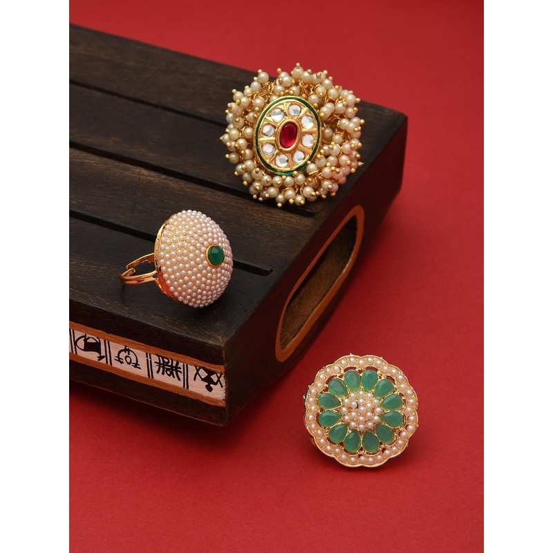 Zaveri Pearls Set Of 3 Gold-Plated White & Green Kundan-Studded & Beaded Finger Rings