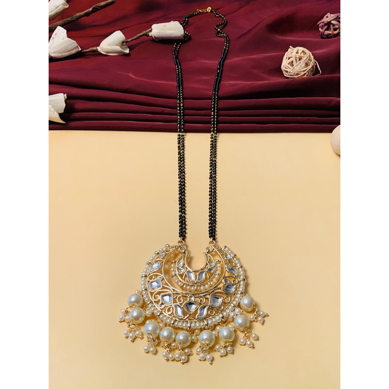 ABDESIGNS Gold-Plated Kundan Studded & Peral Beaded Long Mangalsutra