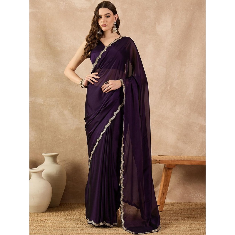 all about you Women Sequinned Saree with Embellished Border & a Blouse piece